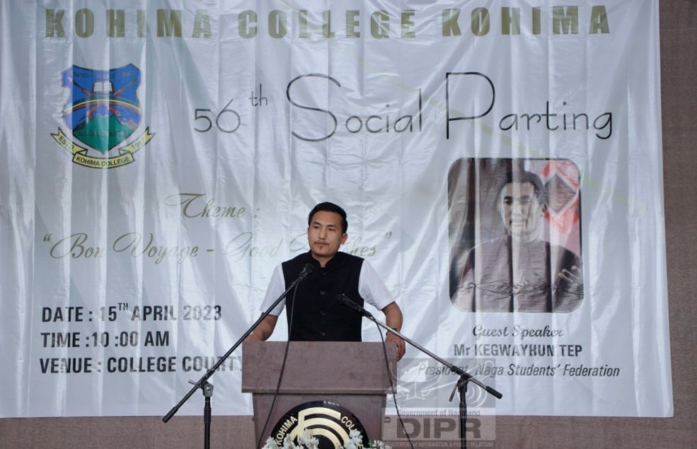 NSF President Kegwayhun Tep speaking during the Kohima College 56th social parting held on April 15. (DIPR Photo)